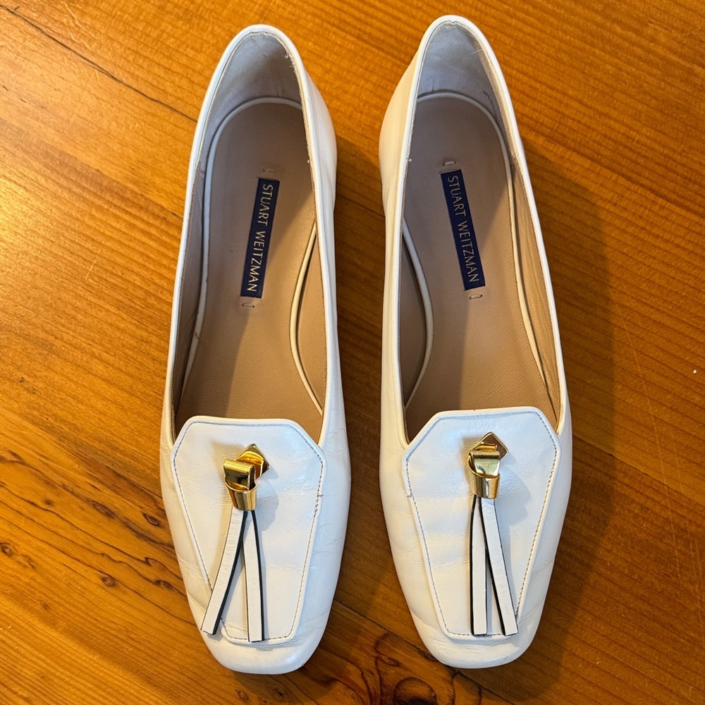 Stuart Weitzman White Flats with Gold Accent